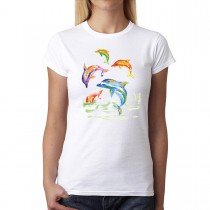 Dolphins Jump Cubism Colourful Women T-shirt XS-3XL New