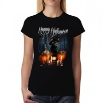 Halloween Witch Cat Pumpkin Womens T-shirt XS-3XL