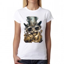 Cat Steampunk Hat Glasses Womens T-shirt XS-3XL
