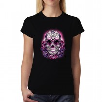 Pink Skull Violet Roses Womens T-shirt XS-3XL
